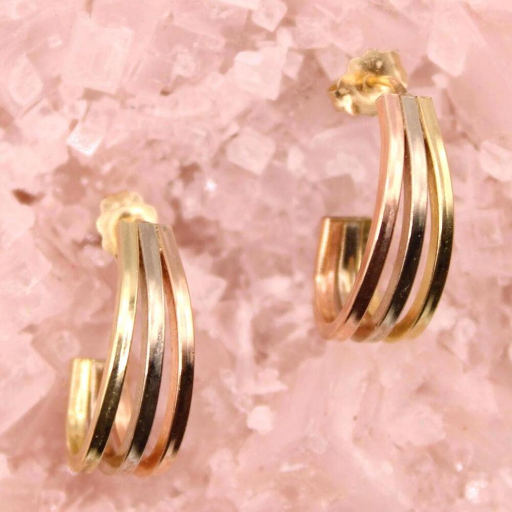 14kt Tricolor Yellow Rose White Gold 0.7" J Hoop Post Earrings